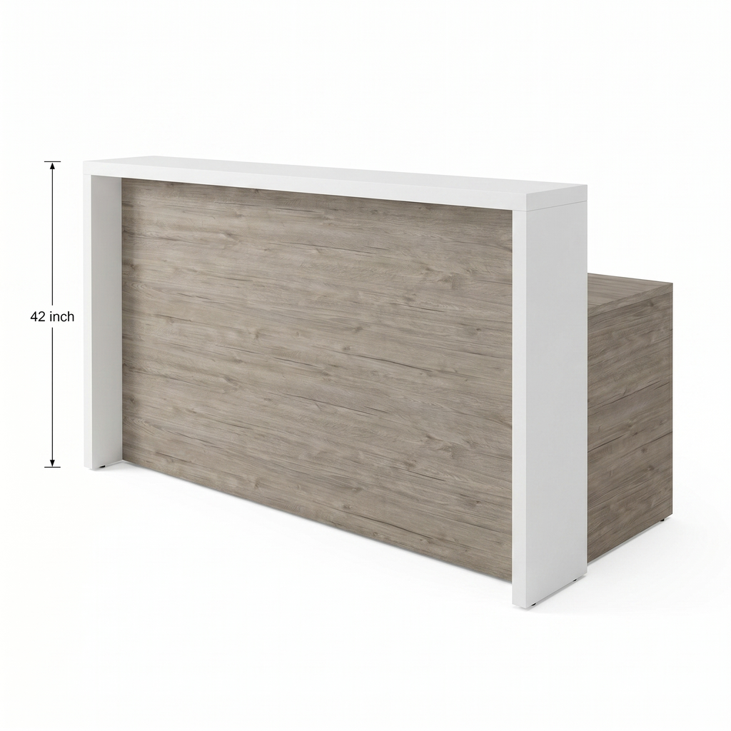 Reception desk with transaction counter in white and gray driftwood, 42 inch counter height shown