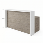 Reception desk with transaction counter in white and gray driftwood, 42 inch counter height shown