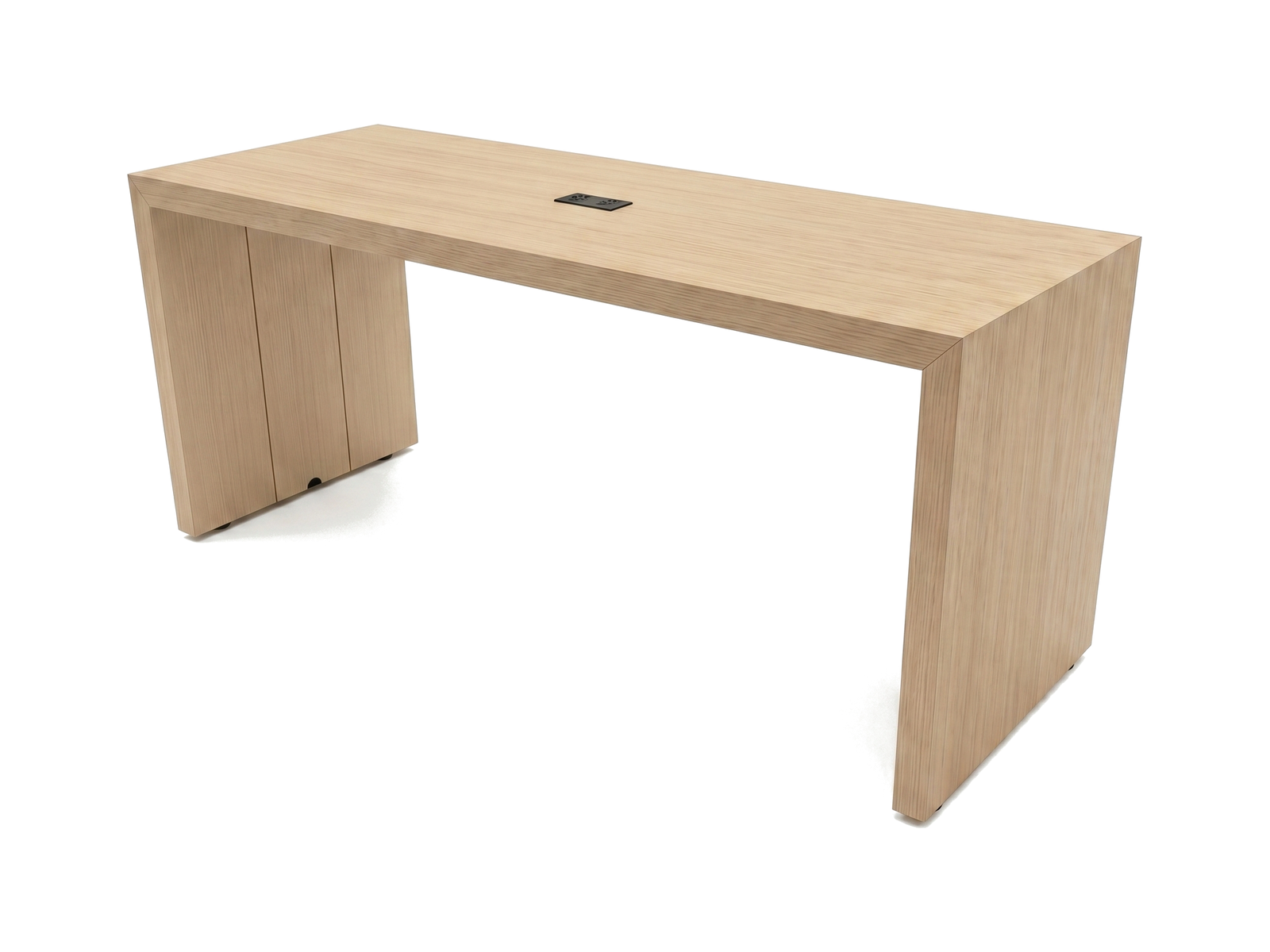 Rectangular parsons table in blonde oak with waterfall edges and tabletop power hatch