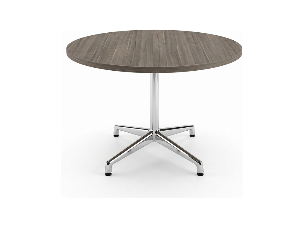 Round meeting table for office use, gray driftwood top on polished chrome star base