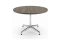 Round meeting table for office use, gray driftwood top on polished chrome star base