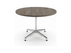Round meeting table for office use, gray driftwood top on polished chrome star base