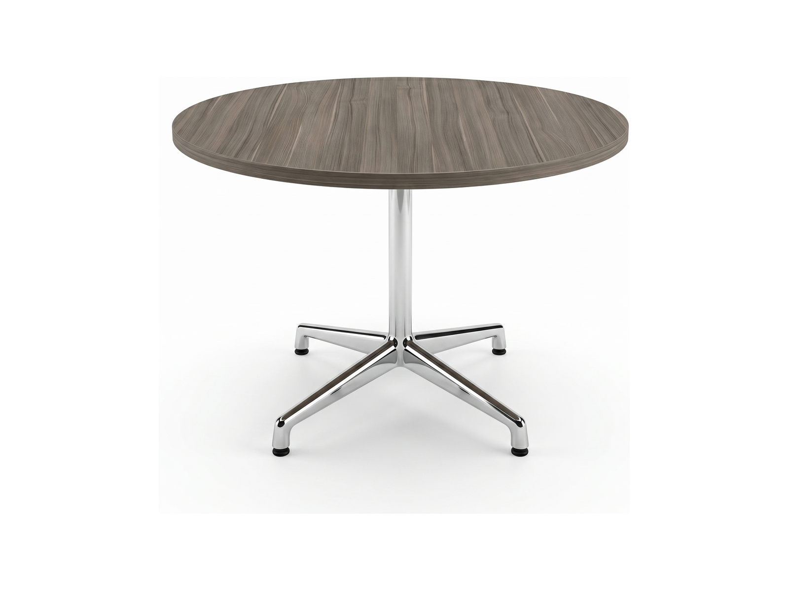 Round meeting table for office use, gray driftwood top on polished chrome star base