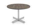 Round office table in gray driftwood on a brushed steel four spoke base