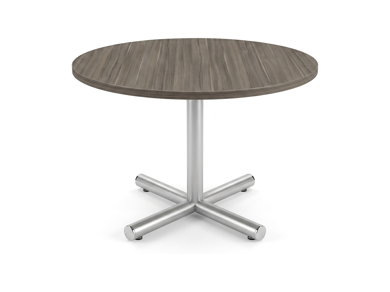Round office table in gray driftwood on a brushed steel four spoke base