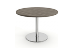 Small round meeting table in gray acajou with steel column and round chrome base