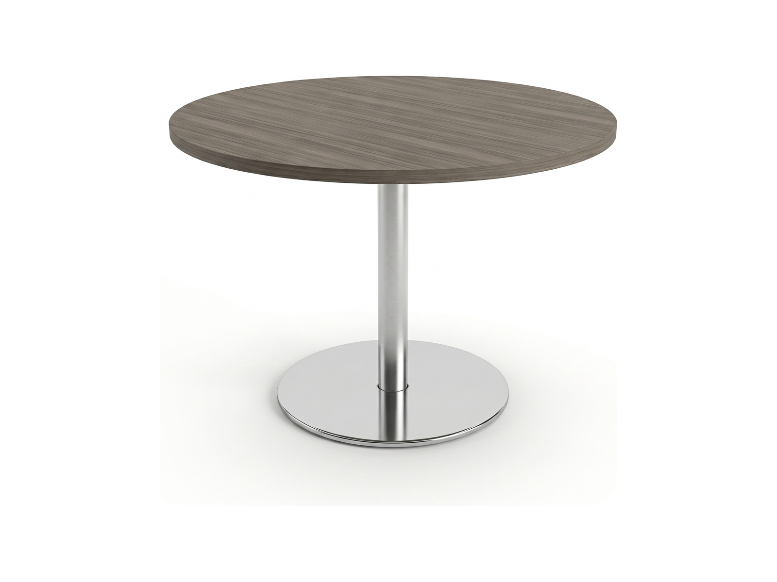 Small round meeting table in gray acajou with steel column and round chrome base