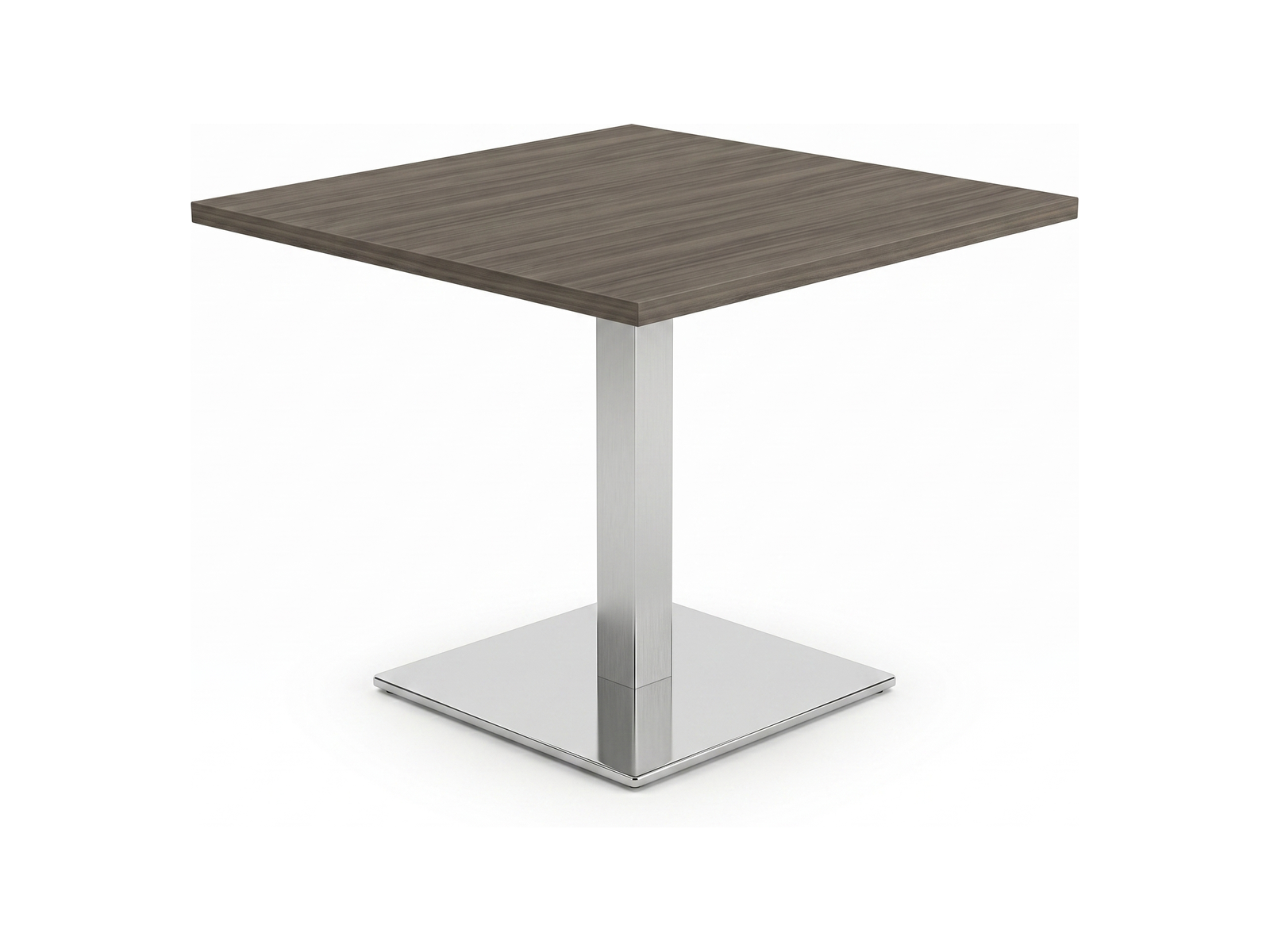 Small square meeting table in gray acajou on a polished chrome pedestal base