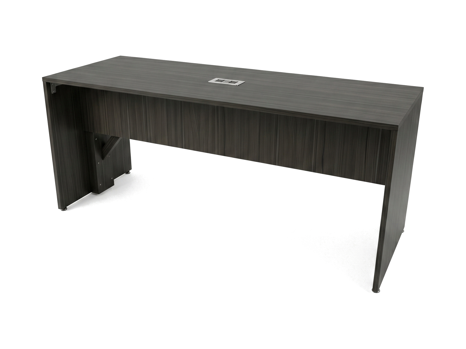 Standing height office table in charcoal gray with full modesty panel and power hatch