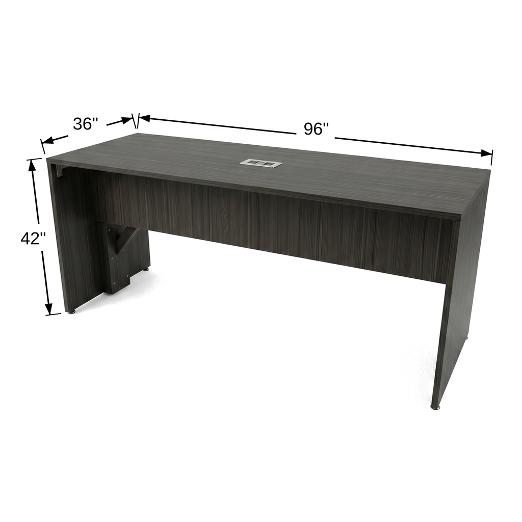 Confluence Standing-Height Office Table dimension diagram, 96 inches wide, 36 inches deep, 42 inches high