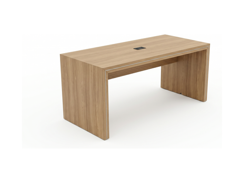 Standing height parsons table in amber oak with silver edge trim and power hatch