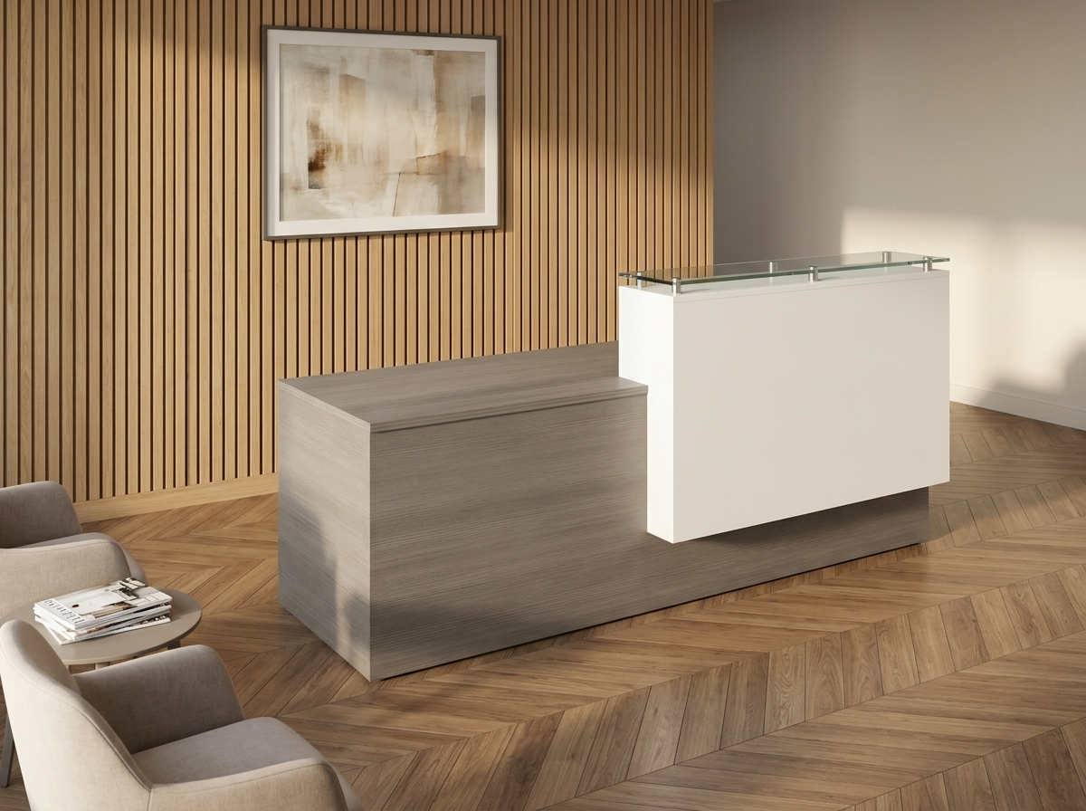 Gray reception desk with white greeter panel and glass ledge in a wood-slatted lobby