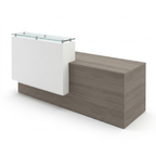 Straight reception desk with counter in gray driftwood, glass shelf over white greeter panel