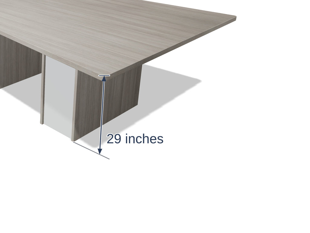 Close-up of a sightline pedestal and the edge band on the Tenure 10 ft tapered conference table in Iron Hemlock II light grey woodgrain, marked 29 inches high