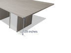 Close-up of a sightline pedestal and the edge band on the Tenure 10 ft tapered conference table in Iron Hemlock II light grey woodgrain, marked 29 inches high