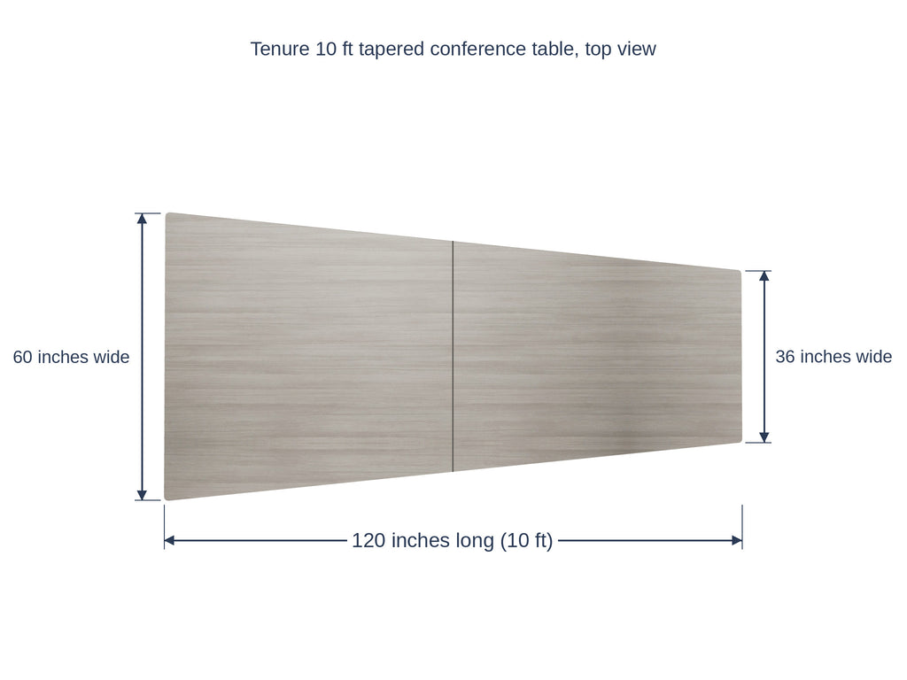 Tenure 10 ft tapered conference table dimension diagram, 120 inches long, 60 inches wide at the head narrowing to 36 inches at the tail