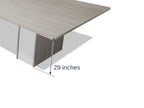 Close-up of a sightline pedestal and the edge band on the Tenure 14 ft tapered conference table in Iron Hemlock II light grey woodgrain, marked 29 inches high