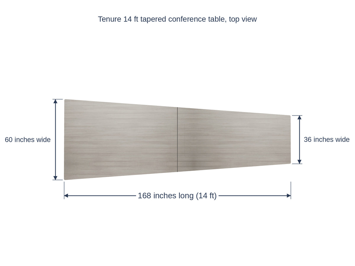 Tenure 14 ft tapered conference table dimension diagram, 168 inches long, 60 inches wide at the head narrowing to 36 inches at the tail