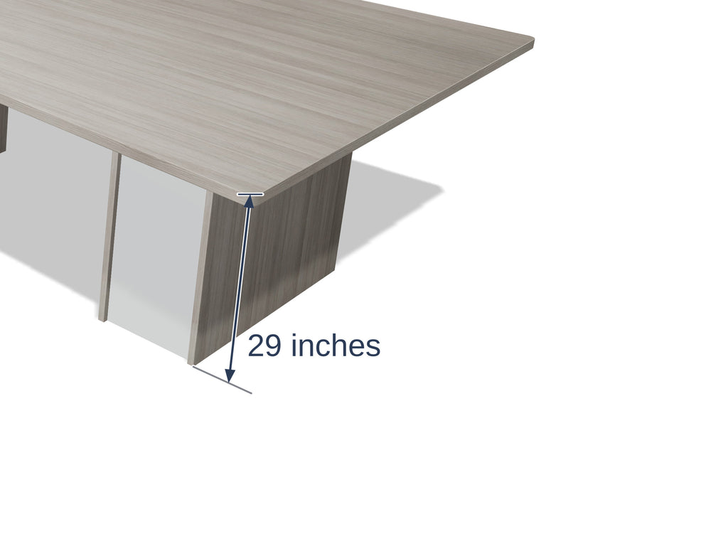 Close-up of a sightline pedestal and the edge band on the Tenure 15 ft tapered conference table in Iron Hemlock II light grey woodgrain, marked 29 inches high