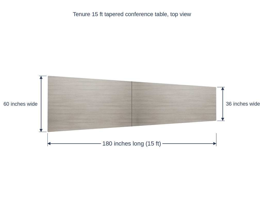 Tenure 15 ft tapered conference table dimension diagram, 180 inches long, 60 inches wide at the head narrowing to 36 inches at the tail