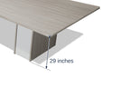 Close-up of a sightline pedestal and the edge band on the Tenure 16 ft tapered conference table in Iron Hemlock II light grey woodgrain, marked 29 inches high