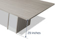 Close-up of a sightline pedestal and the edge band on the Tenure 18 ft tapered conference table in Iron Hemlock II light grey woodgrain, marked 29 inches high