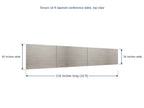 Tenure 18 ft tapered conference table dimension diagram, 216 inches long, 60 inches wide at the head narrowing to 36 inches at the tail