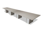 Tenure 18 ft tapered conference table in Iron Hemlock II, a light grey woodgrain laminate, three-quarter view on white