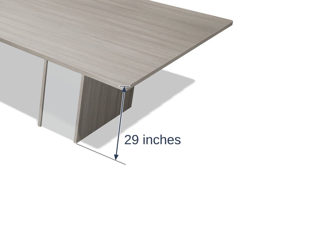 Close-up of a sightline pedestal and the edge band on the Tenure 20 ft tapered conference table in Iron Hemlock II light grey woodgrain, marked 29 inches high