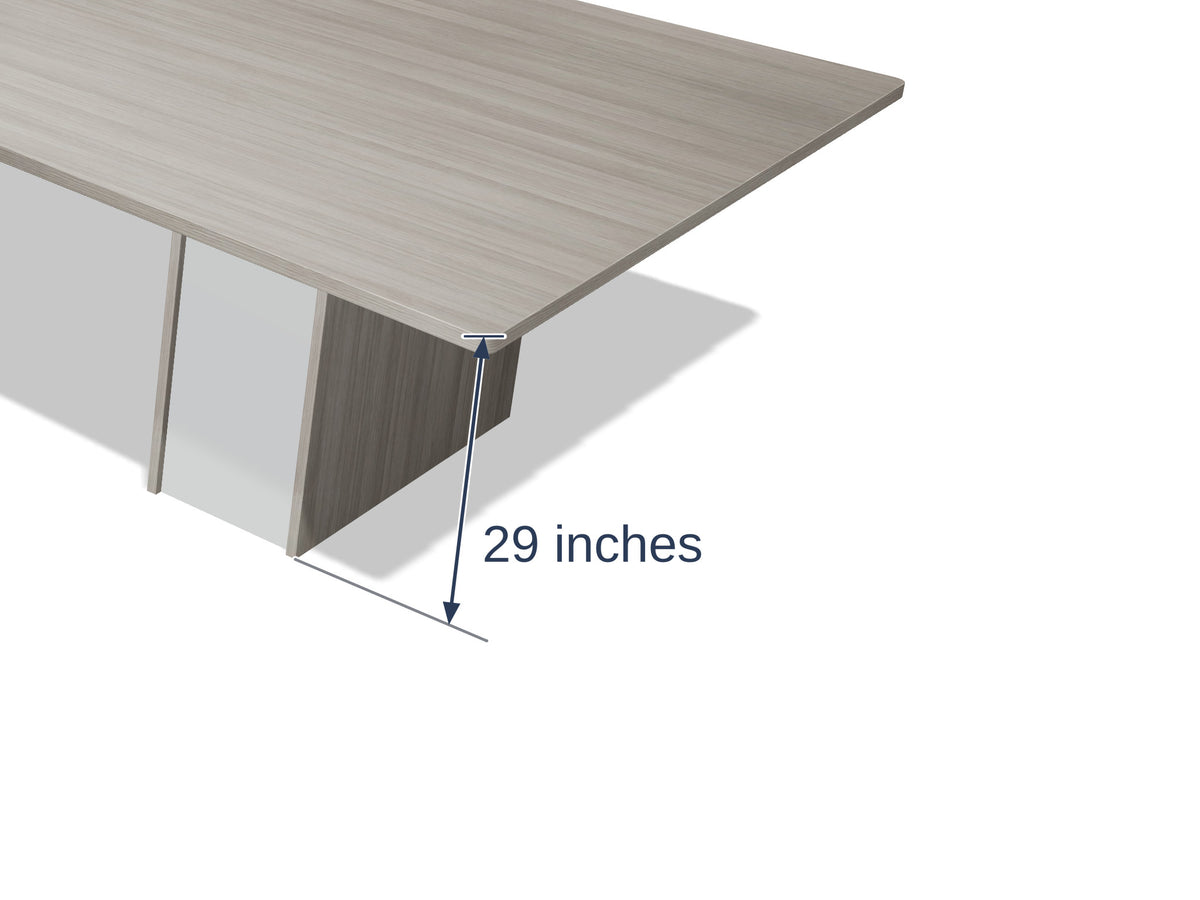 Close-up of a sightline pedestal and the edge band on the Tenure 20 ft tapered conference table in Iron Hemlock II light grey woodgrain, marked 29 inches high