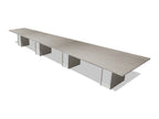 Tenure 20 ft tapered conference table in Iron Hemlock II, a light grey woodgrain laminate, three-quarter view on white
