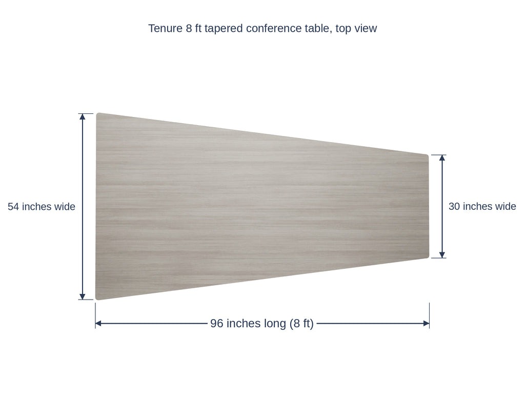 Tenure 8 ft tapered conference table dimension diagram, 96 inches long, 54 inches wide at the head narrowing to 30 inches at the tail