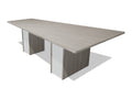 Tenure 8 ft tapered conference table in Iron Hemlock II, a light grey woodgrain laminate, three-quarter view on white