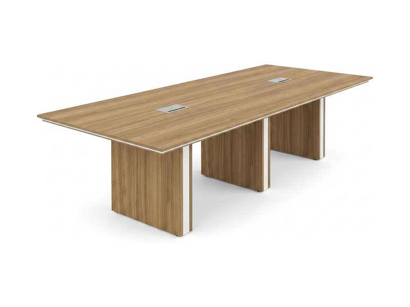 120 by 48 inch conference table on a three-section panel base with two power hatches