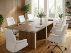10 ft conference table seating 8 to 10 with white leather chairs