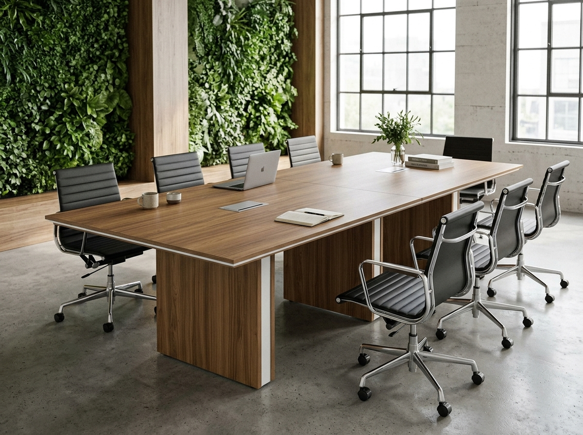 Walnut conference table with panel base in front of a living green wall