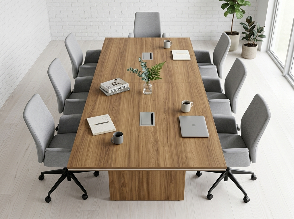 Overhead view of a 10 person conference table on panel bases with gray chairs