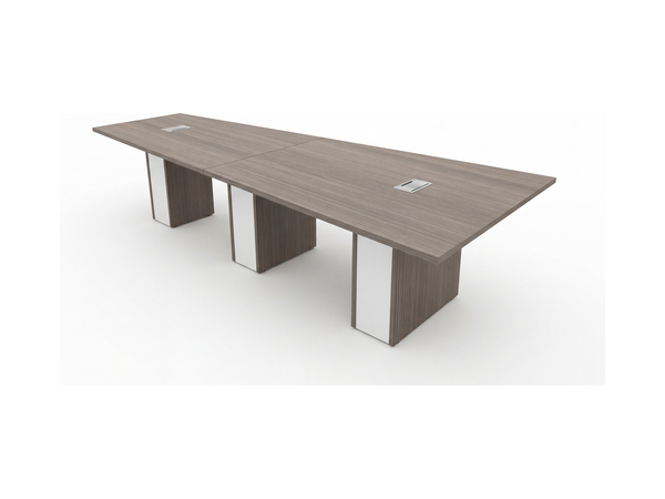 Tapered conference table, 12 ft sightline top narrowing from 60 to 36 inches deep, three-pedestal base