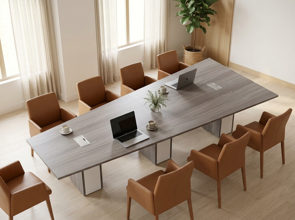 Overhead angle of a 144 inch tapered conference table showing its narrowing top