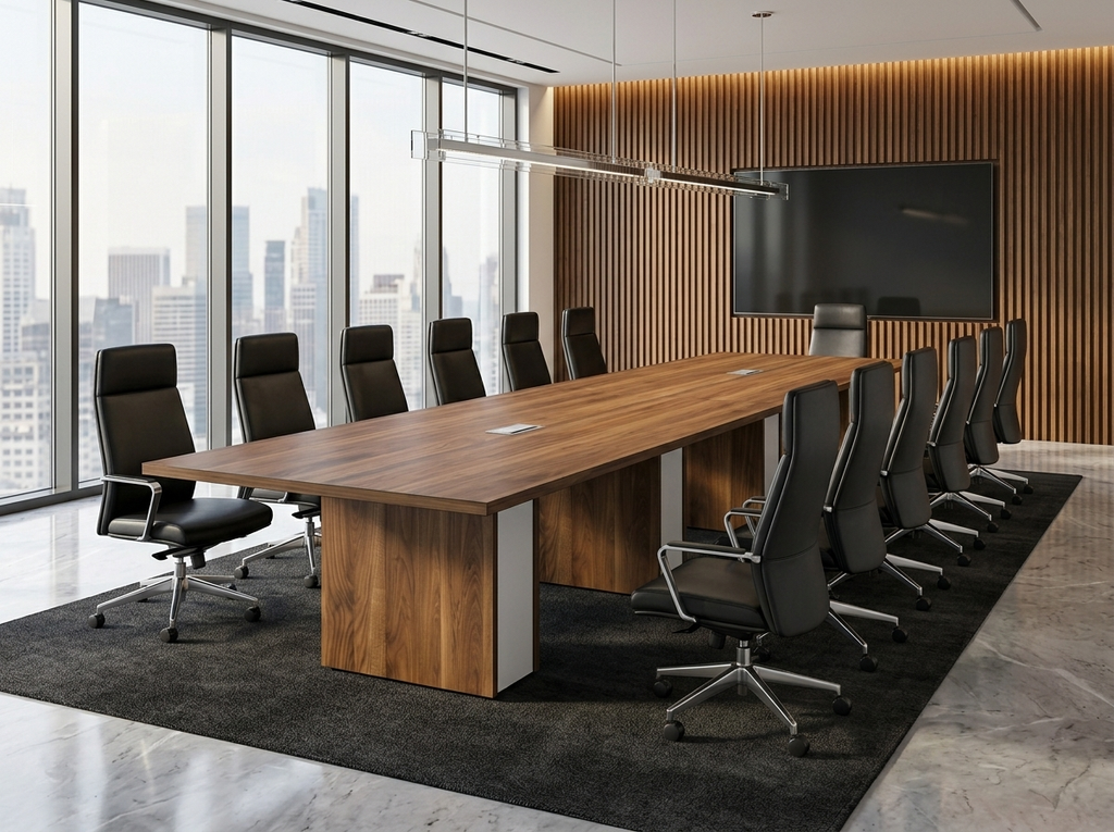16 ft conference table in a skyline boardroom with slat walls, 192 inches long