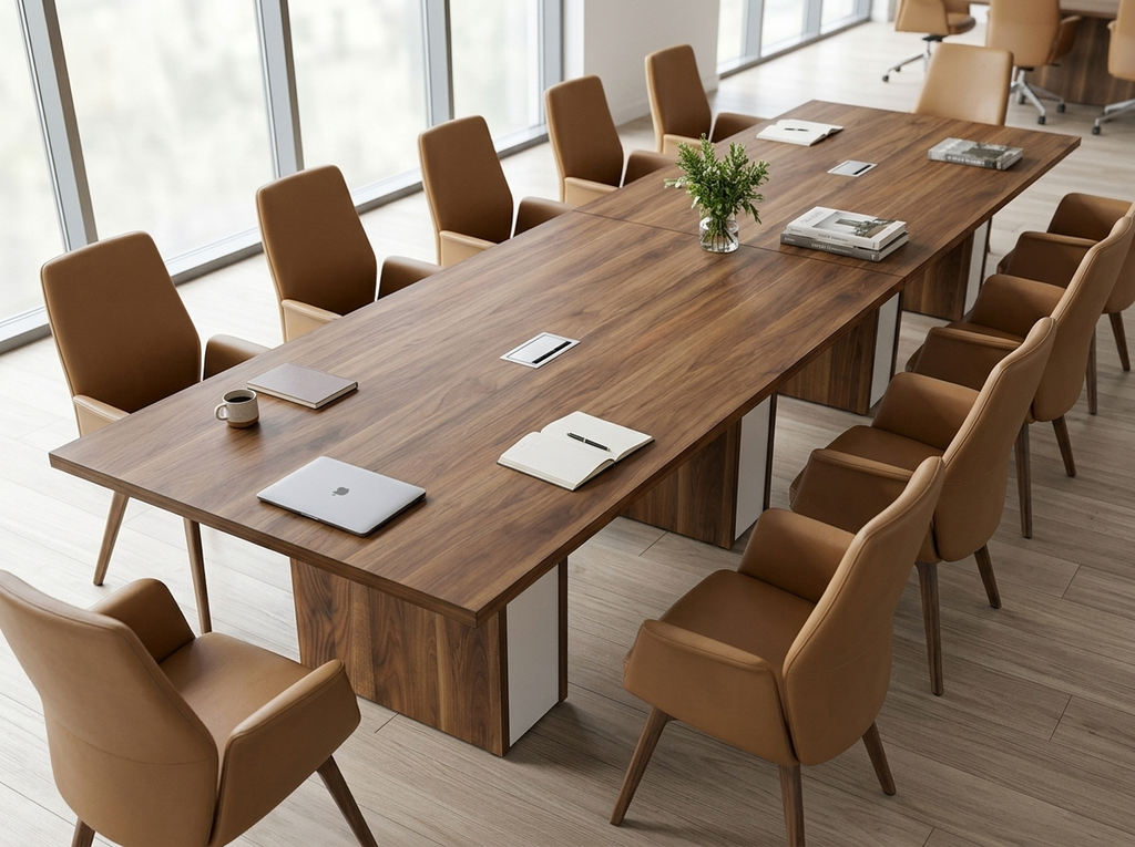 Overhead view of a 16 to 18 person boardroom table with tan leather chairs