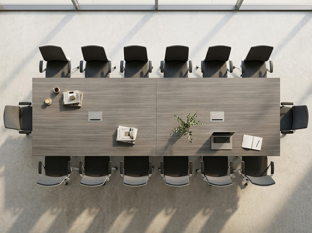 Plan view of a 16 to 18 person conference table with chairs set around it