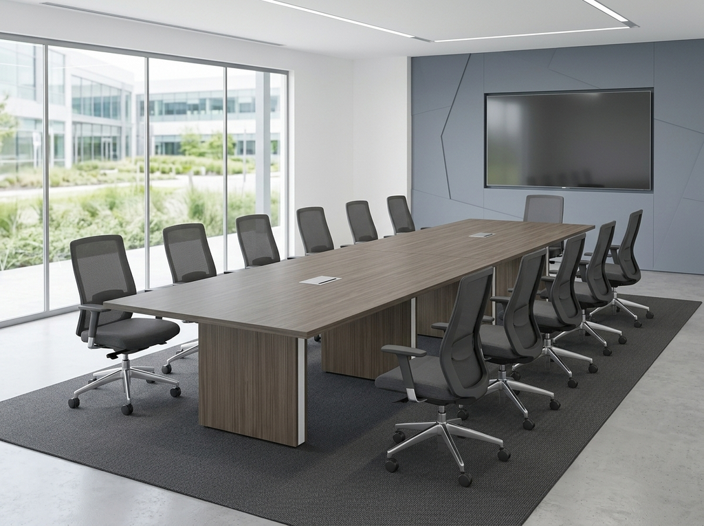 192 inch conference table with panel base and black mesh chairs