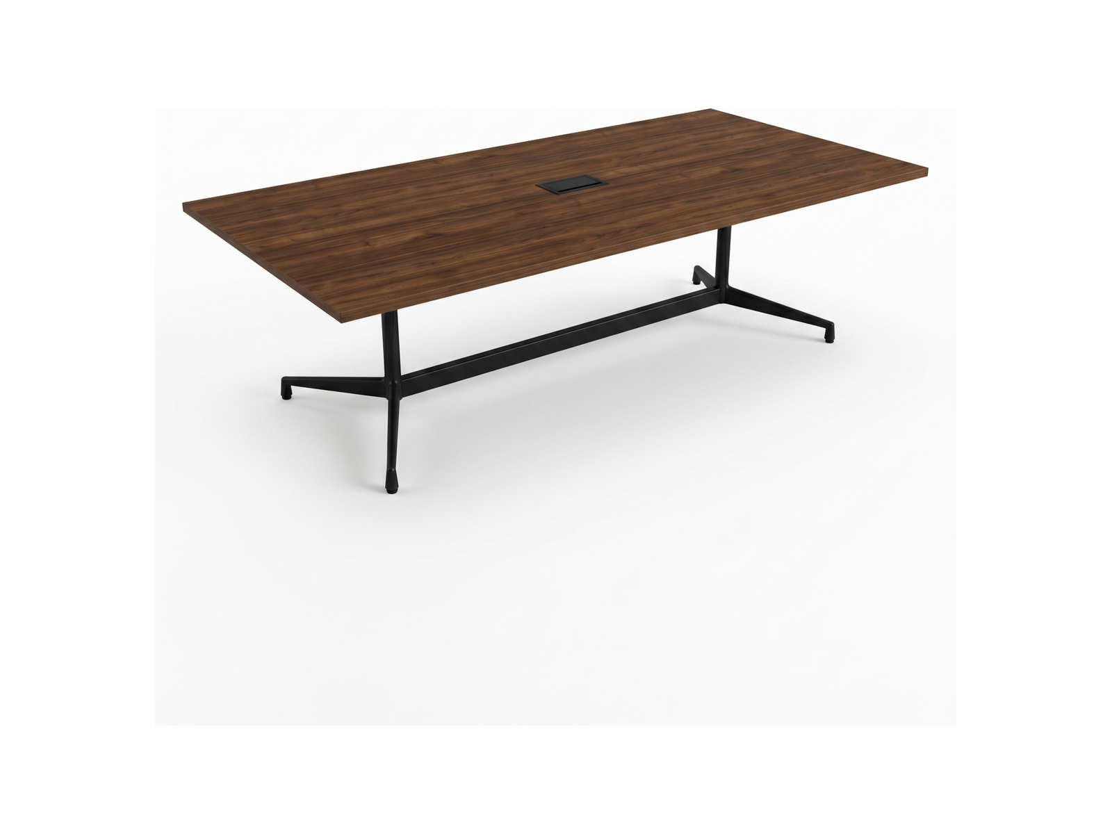 8 ft wood conference table with black trestle base and built-in power module