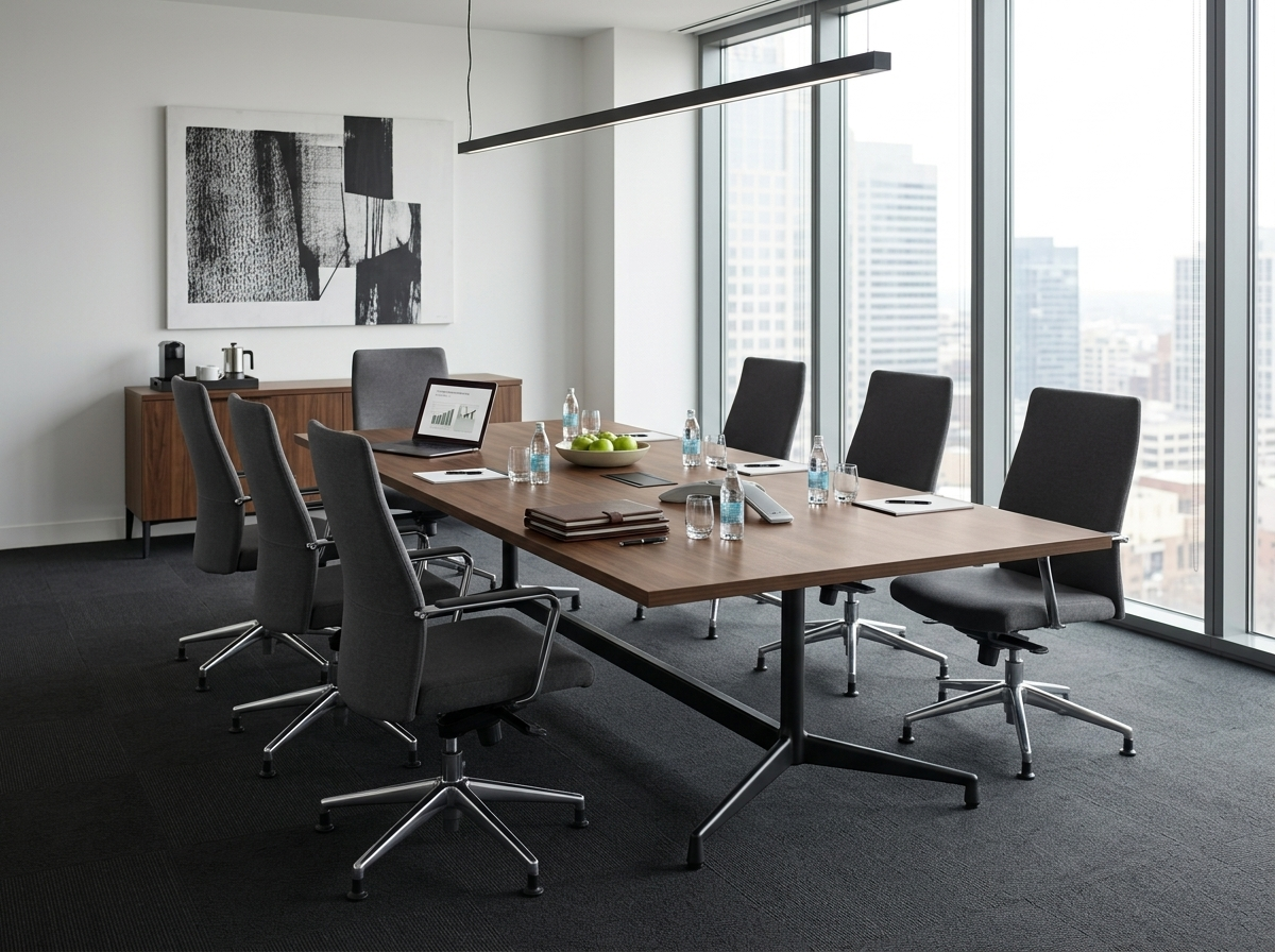 96 inch conference table with a black trestle base in a downtown boardroom