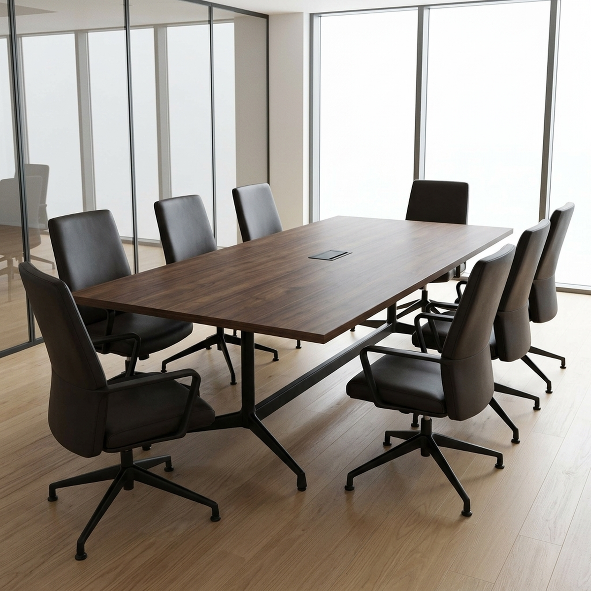 8 person conference table on a black trestle base in a glass-walled boardroom