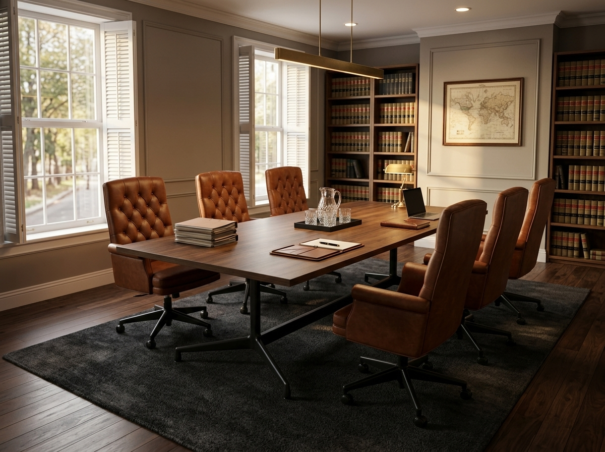 8 ft conference table seating 8 with tufted leather chairs in a law library