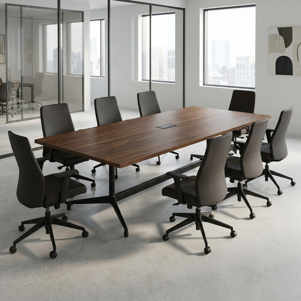 Three-quarter view of the walnut conference table showing the black trestle base and spine