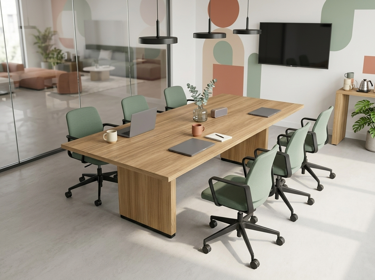 Tenure 8 ft rectangular meeting table in light oak in a glass-walled coworking room