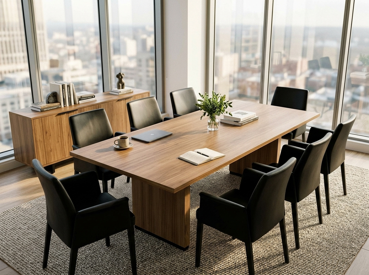 Oak rectangular meeting table with black chairs in an executive corner office